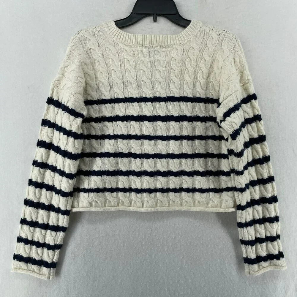 Pink Rose Sweater Women's Sz L White Cable-Knit Striped Cropped Regular Pullover - Picture 2 of 12